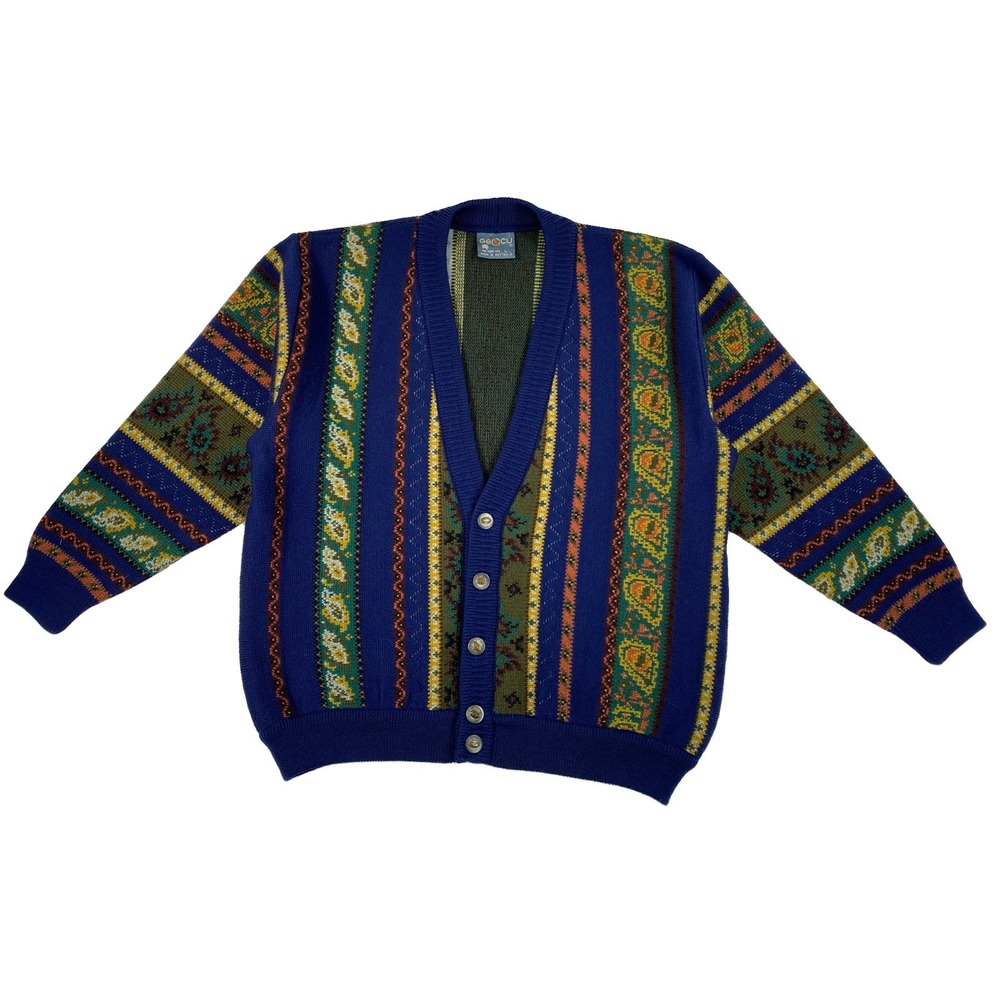 Vintage Geccu Australia Merino Wool Cardigan Men's Large Navy Blue Paisley